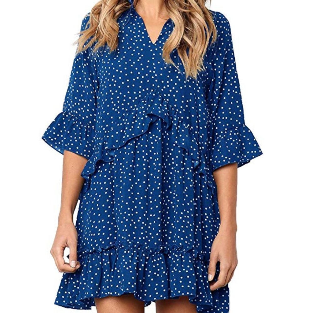Women's V Neck Ruffle Polka Dot Swing Dress